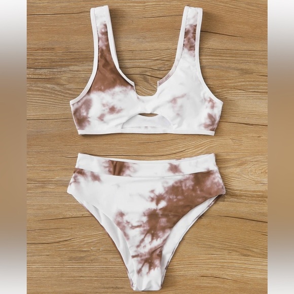 Brand New Tie Dye High Waisted Bikini Set White Brown 2-Piece Swimwear Bra Cups - Picture 2 of 16
